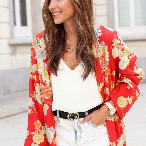 ZARA BOHO CORAL MAXI FLORAL PRINT KIMONO W/BUTTON +POCKETS SIZE S-M - Picture 2 of 6